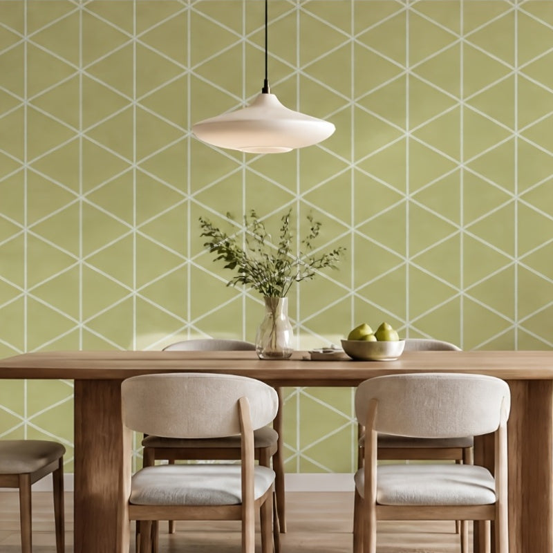 Papier peint géométrique vert olive, triangles et losanges