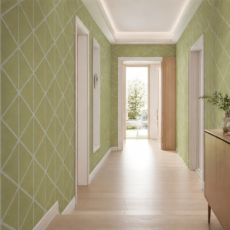 Papier peint géométrique vert olive, triangles et losanges