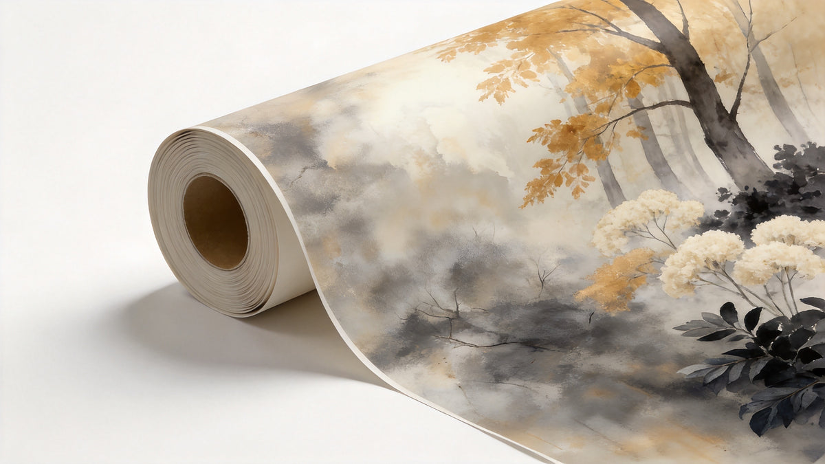 Papier peint panoramique forêt brumeuse aquarelle, 365 x 254 cm