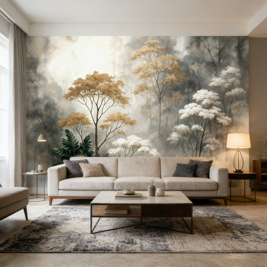 Papier peint panoramique forêt brumeuse aquarelle, 365 x 254 cm