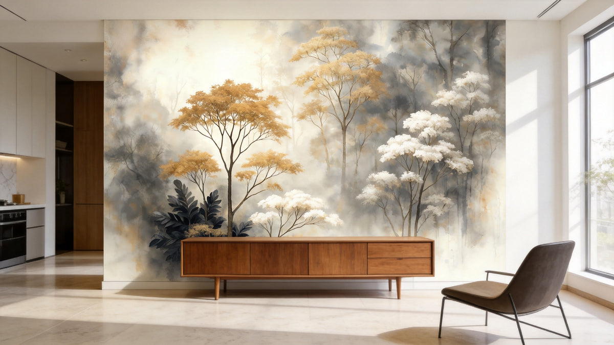 Papier peint panoramique forêt brumeuse aquarelle, 365 x 254 cm