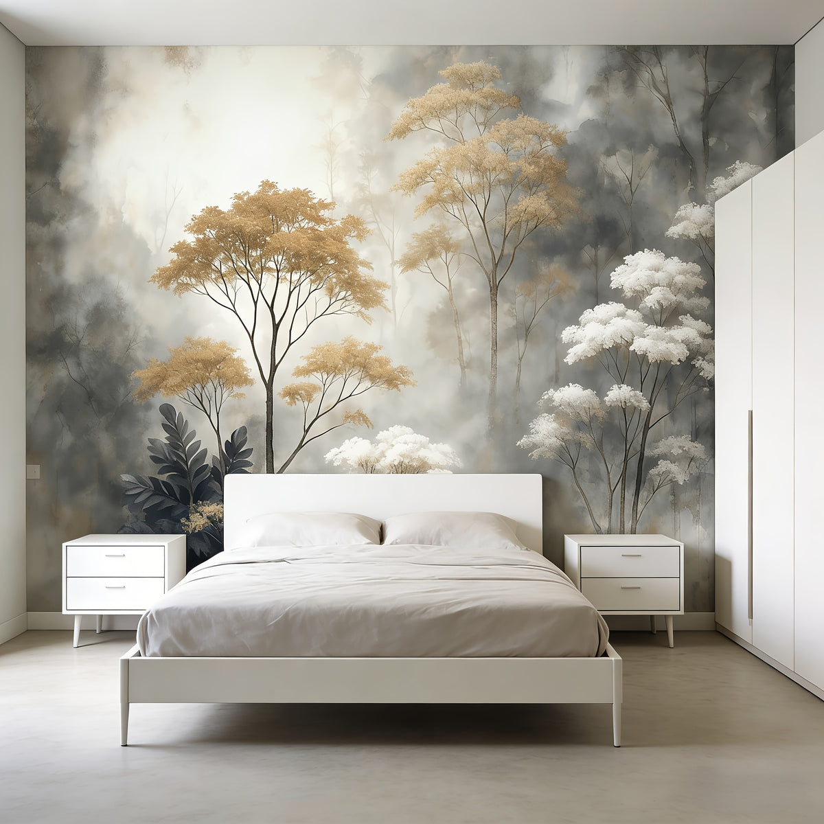 Papier peint panoramique forêt brumeuse aquarelle, 365 x 254 cm