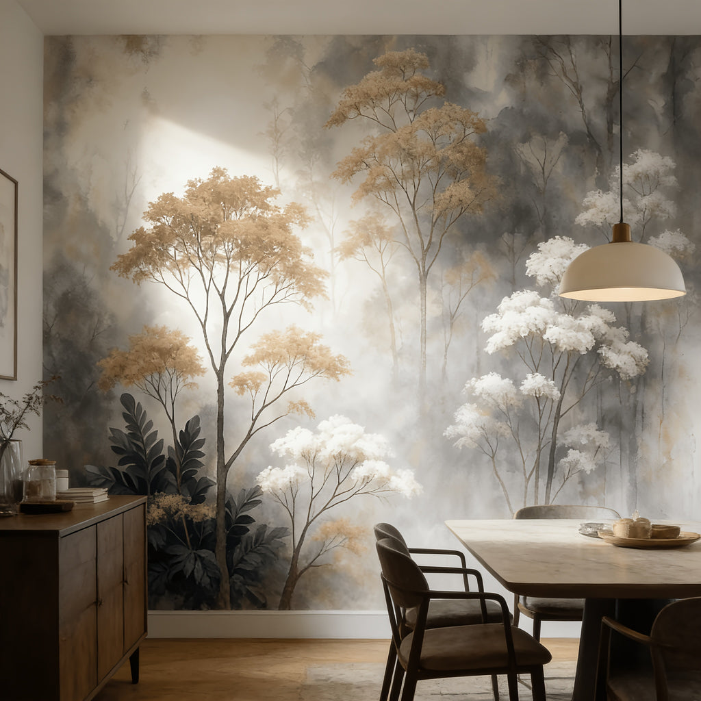 Papier peint panoramique forêt brumeuse aquarelle, 365 x 254 cm