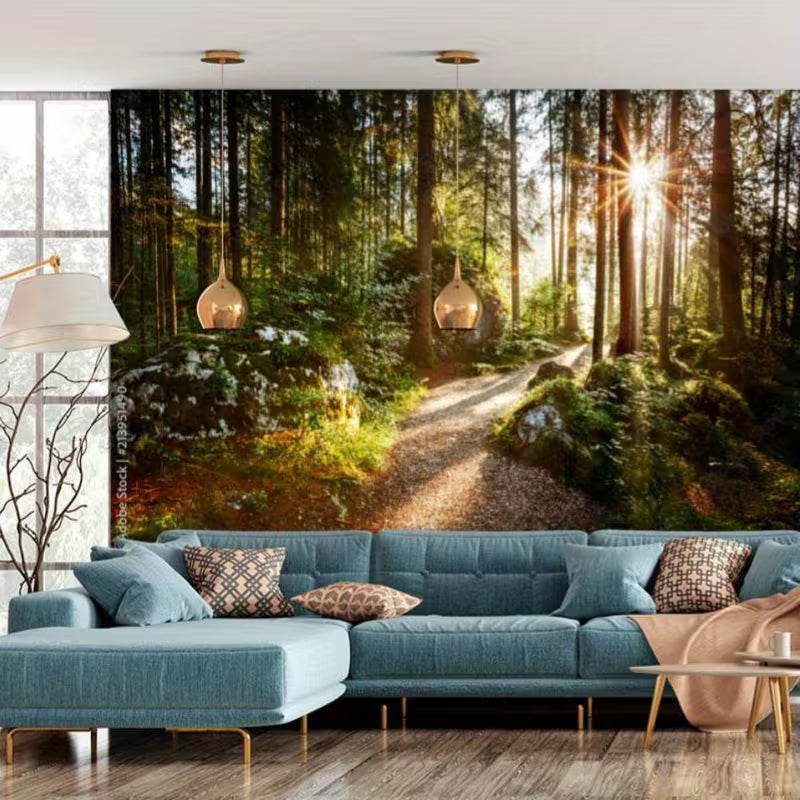 Papier peint panoramique forêt, sentier au soleil levant pour le salon