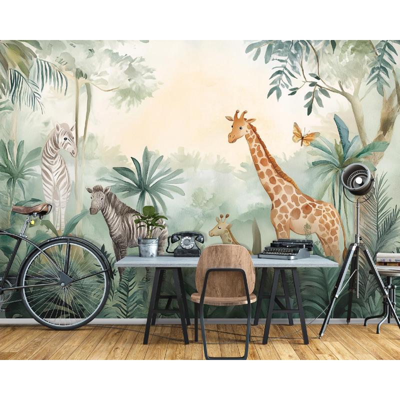 Papier peint panoramique, clairière aquarelle et girafons