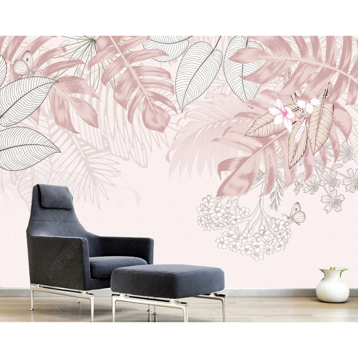 Papier peint panoramique palmes roses poudrées et papillons