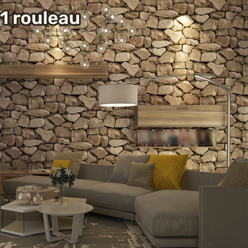 Papier peint pierre sèche beige, rouleau de 53 x 300 cm