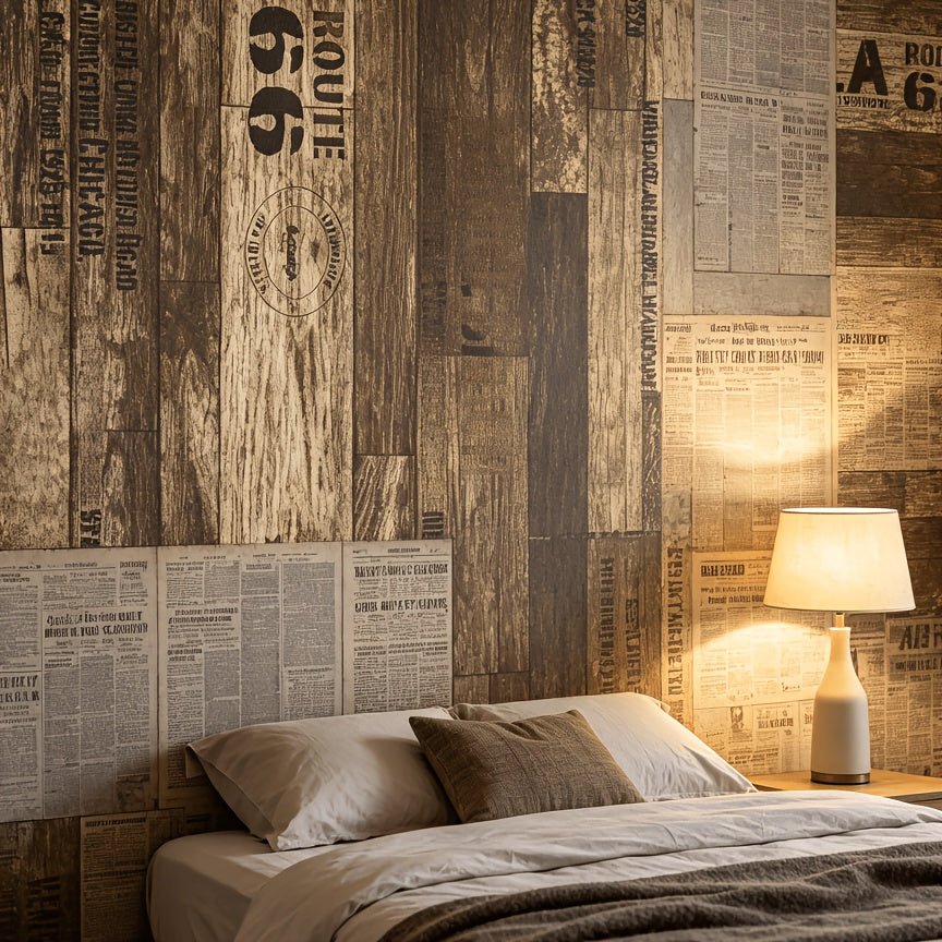 Papier peint planches vieillies et lettrages au pochoir