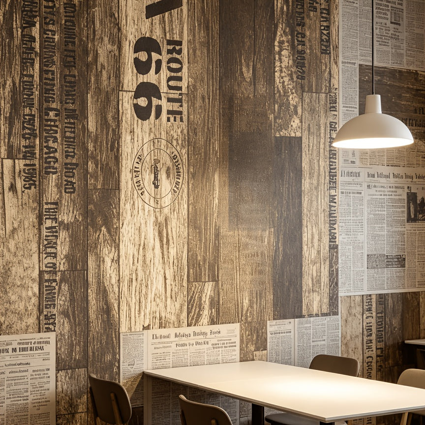 Papier peint planches vieillies et lettrages au pochoir