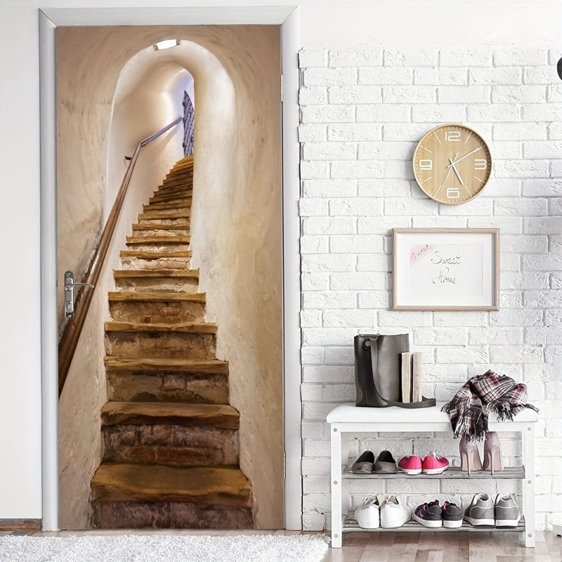 Papier peint de porte en trompe-l'œil, escalier de pierre