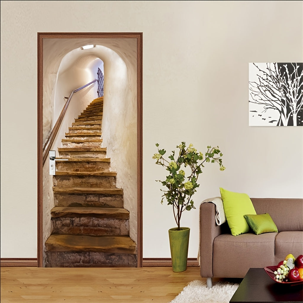 Papier peint de porte en trompe-l'œil, escalier de pierre