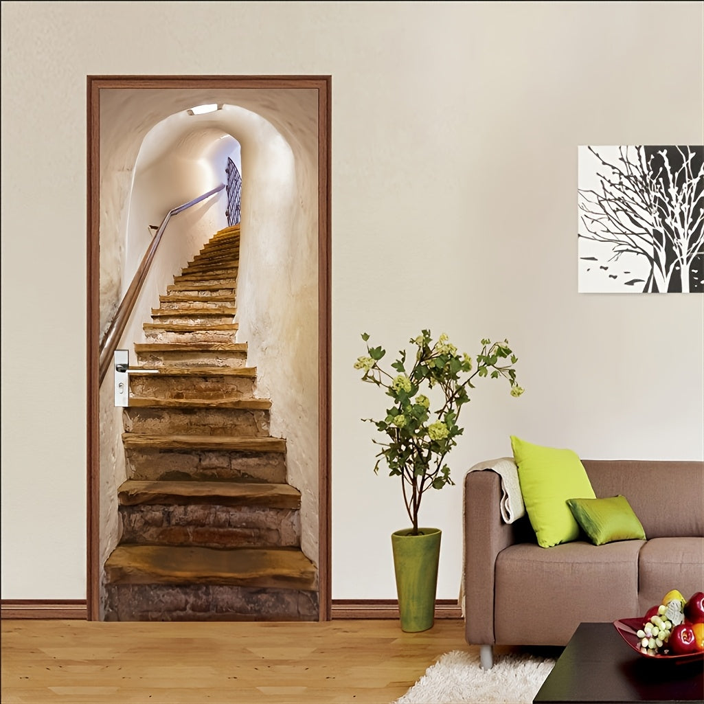Papier peint de porte en trompe-l'œil, escalier de pierre