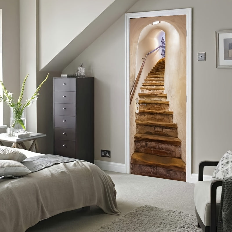 Papier peint de porte en trompe-l'œil, escalier de pierre