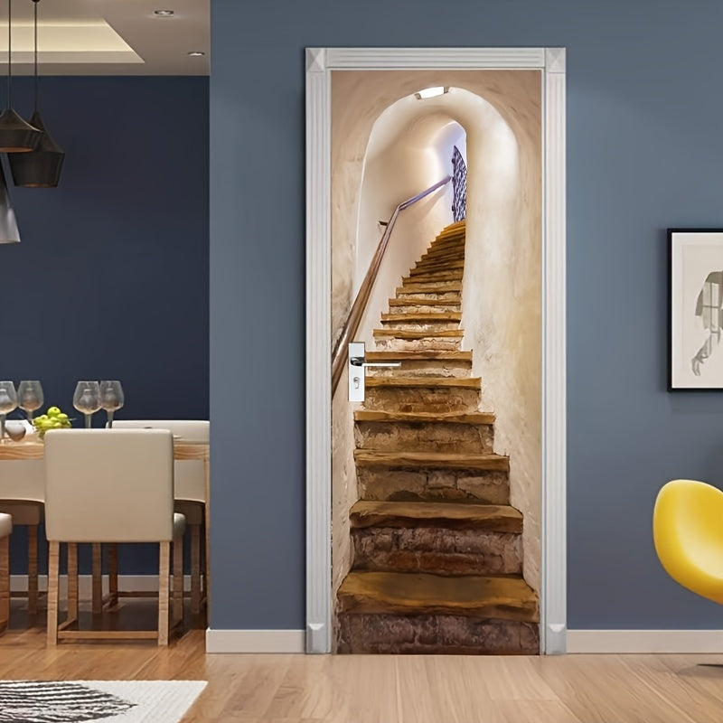 Papier peint de porte en trompe-l'œil, escalier de pierre