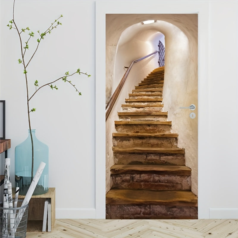 Papier peint de porte en trompe-l'œil, escalier de pierre