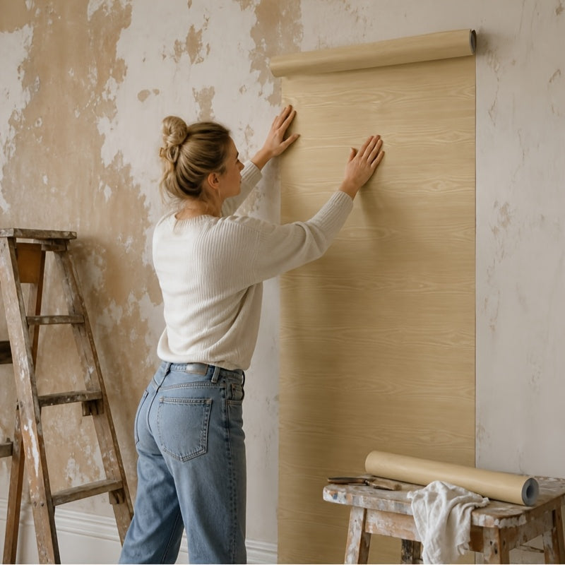 Papier peint sable au grain de bois estompé, huit rouleaux