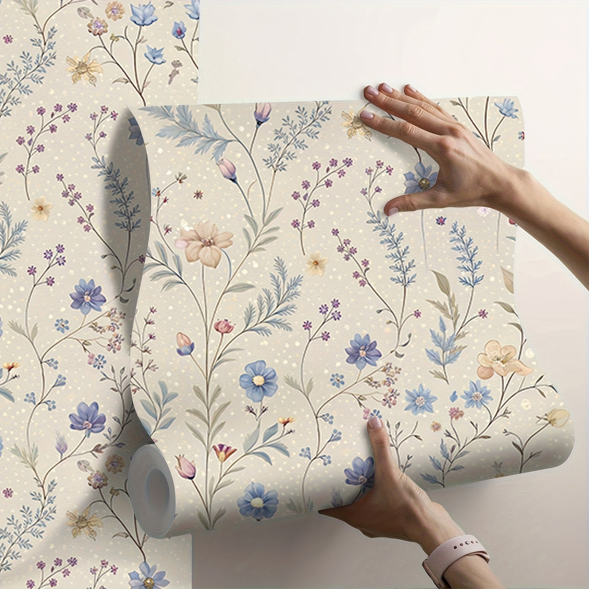 Papier peint adhésif semis de bleuets et lavandes sur crème