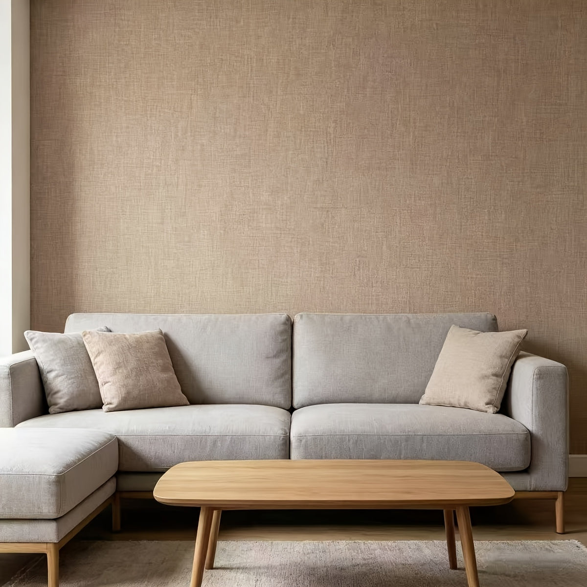 Papier peint effet toile de lin beige rosé, 8 rouleaux gravés