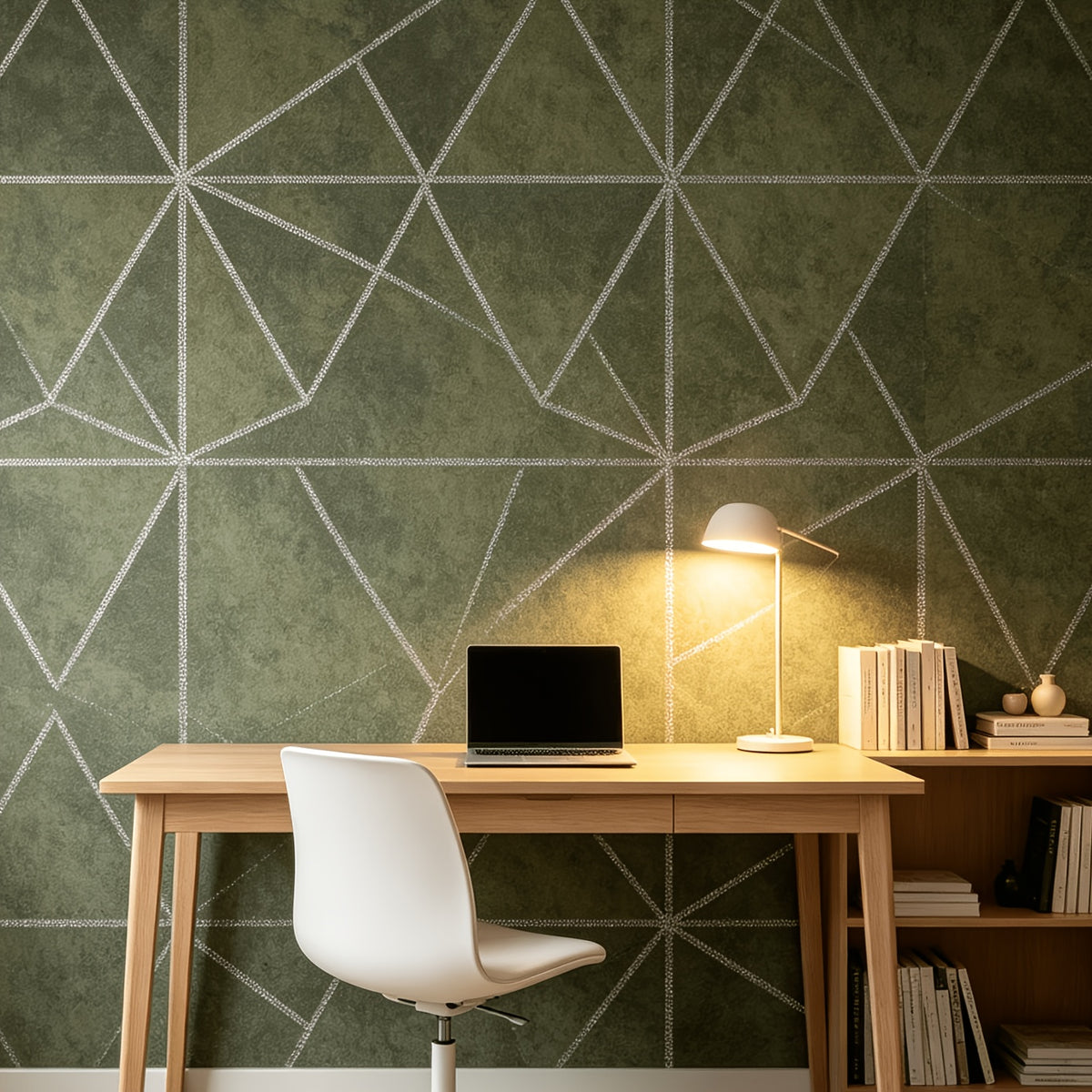 Papier peint vert olive, triangles soulignés d'un galon blanc