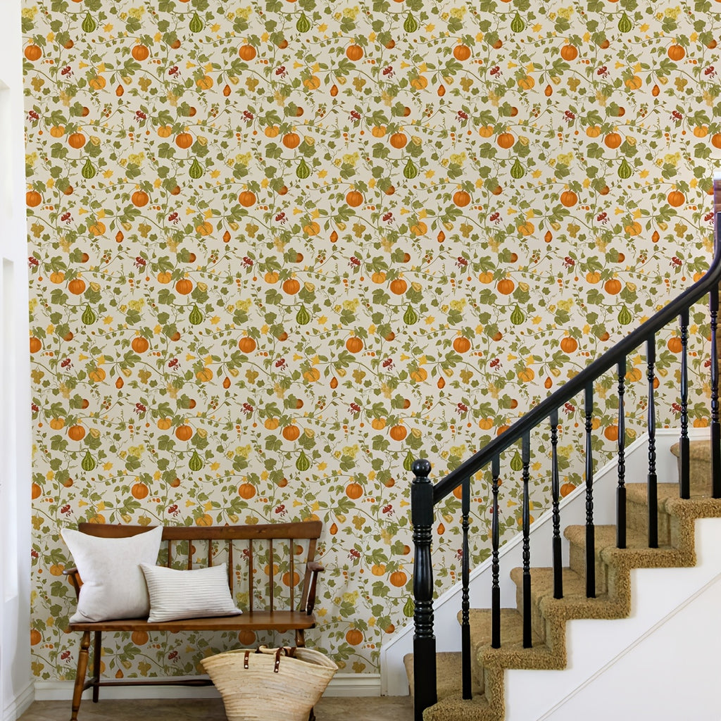 Papier peint vinyle motif récolte, courges et feuillages