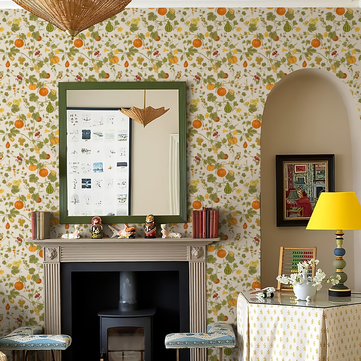 Papier peint vinyle motif récolte, courges et feuillages