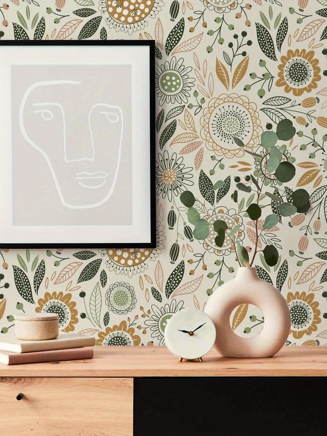 Papier peint vinyle adhésif à soleils ocre et vert olive