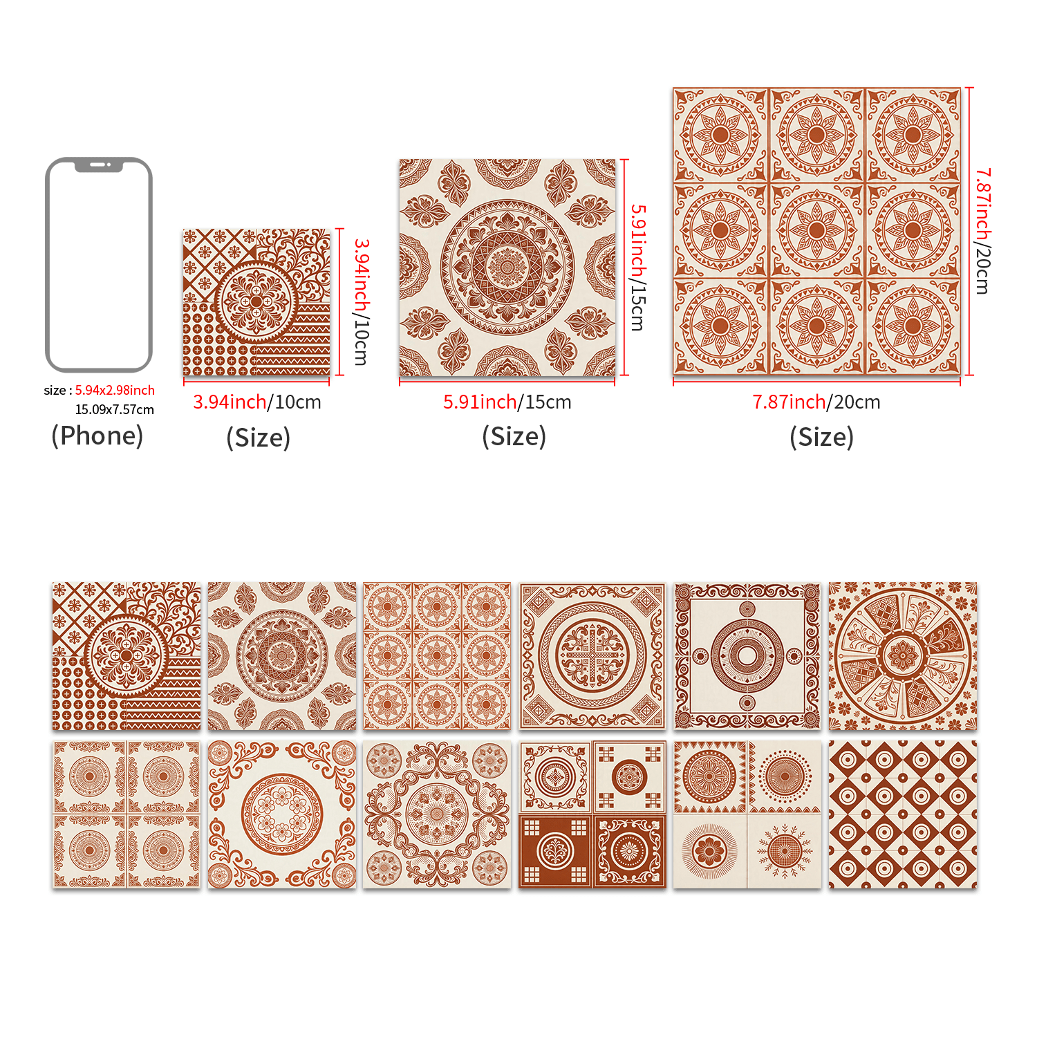 Surface Plate 2D 12 Pices de Papier Autocollant paissi  Dcoller et Coller Motif Mandala Vintage Couleur Terracotta paisseur 06 mm Convient pour Dosserets de Cuisine Salles de Bain Chambres Escaliers Dcorations de Bricolage pour la Maison P