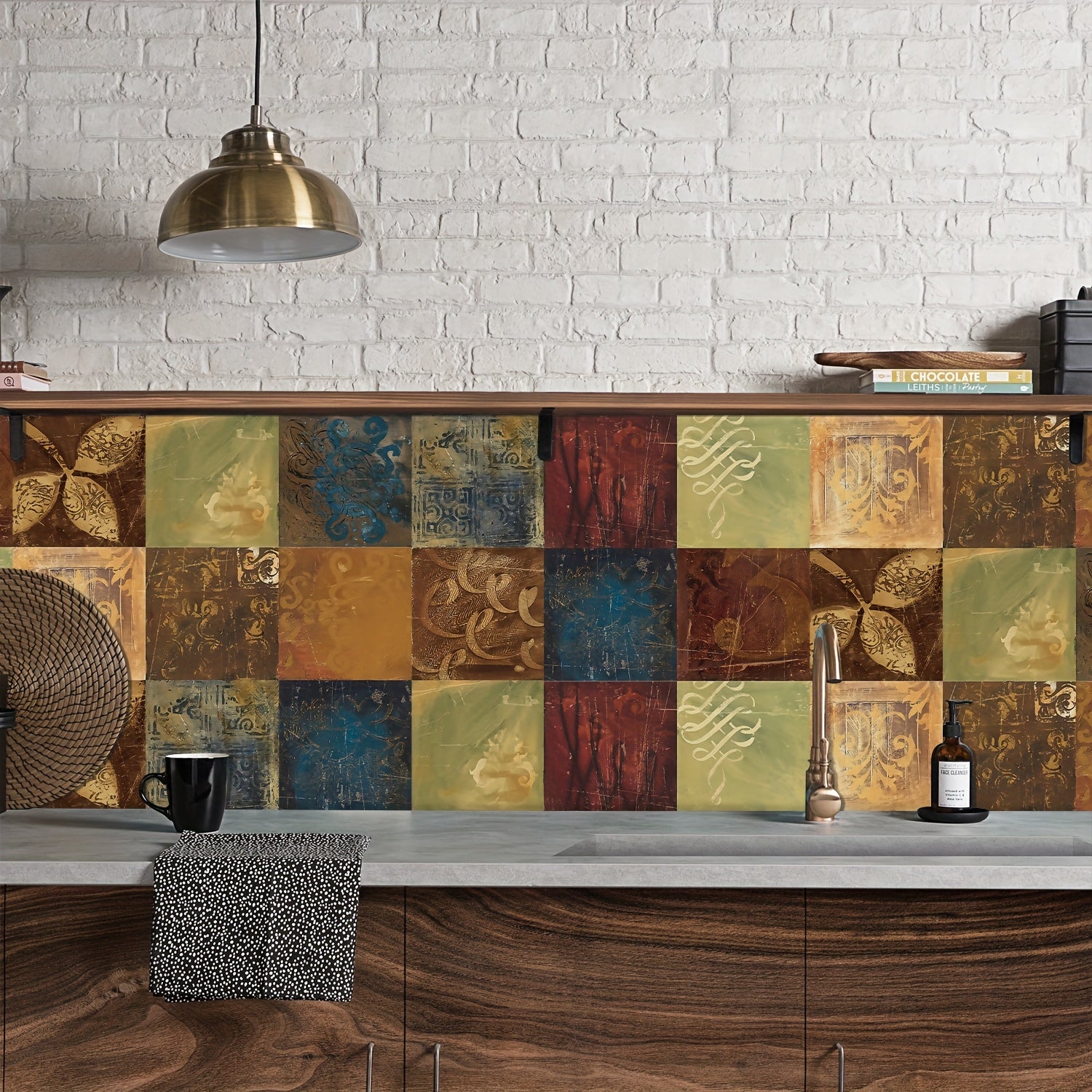 24pcs Autocollants de Carreaux en Vinyle Vintage Bohme tanches et Amovibles Palette de Couleurs Terreuses avec Motifs Orns pour Dcoration Murale de Cuisine  Salle de Bain Tailles 10x10cm 15x15cm 20x20cm Autocollants Muraux pour Salle de Bain
