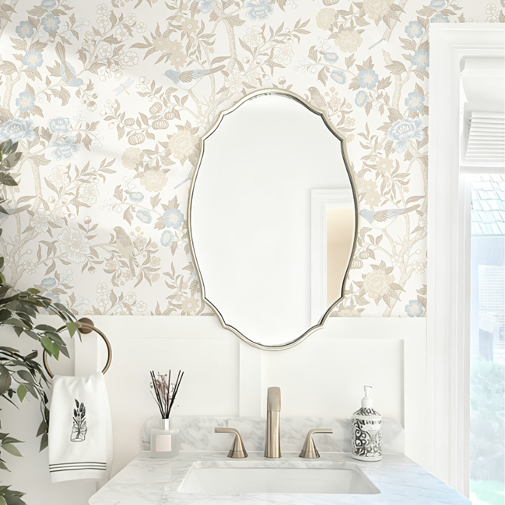1 Rouleau de Papier Peint AutoAdhsif Tonalit Douce Franaise avec Motifs Floraux et Oiseaux Fond Blanc Motif de Vigne Dor Clair et Bleu Clair Papier Peint AutoAdhsif en PVC  Impermable Amovible et Facile  Dcoller  Parfait pour le Salon la 