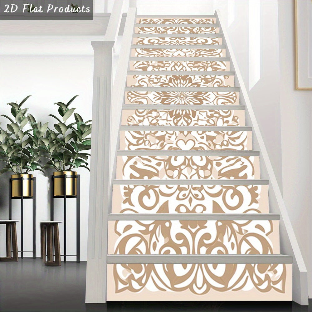 Rosaces et rinceaux beige et taupe sur treize contremarches