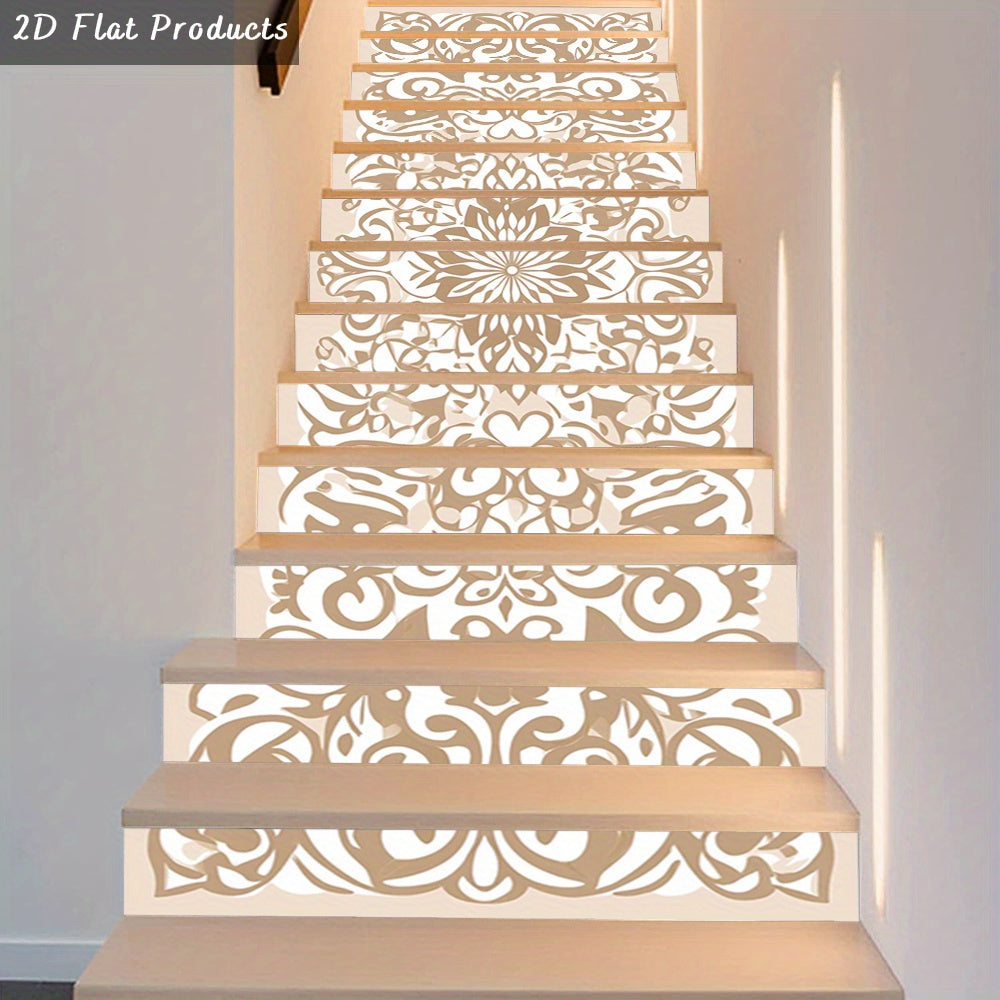 Rosaces et rinceaux beige et taupe sur treize contremarches