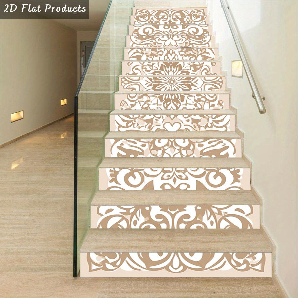 Rosaces et rinceaux beige et taupe sur treize contremarches