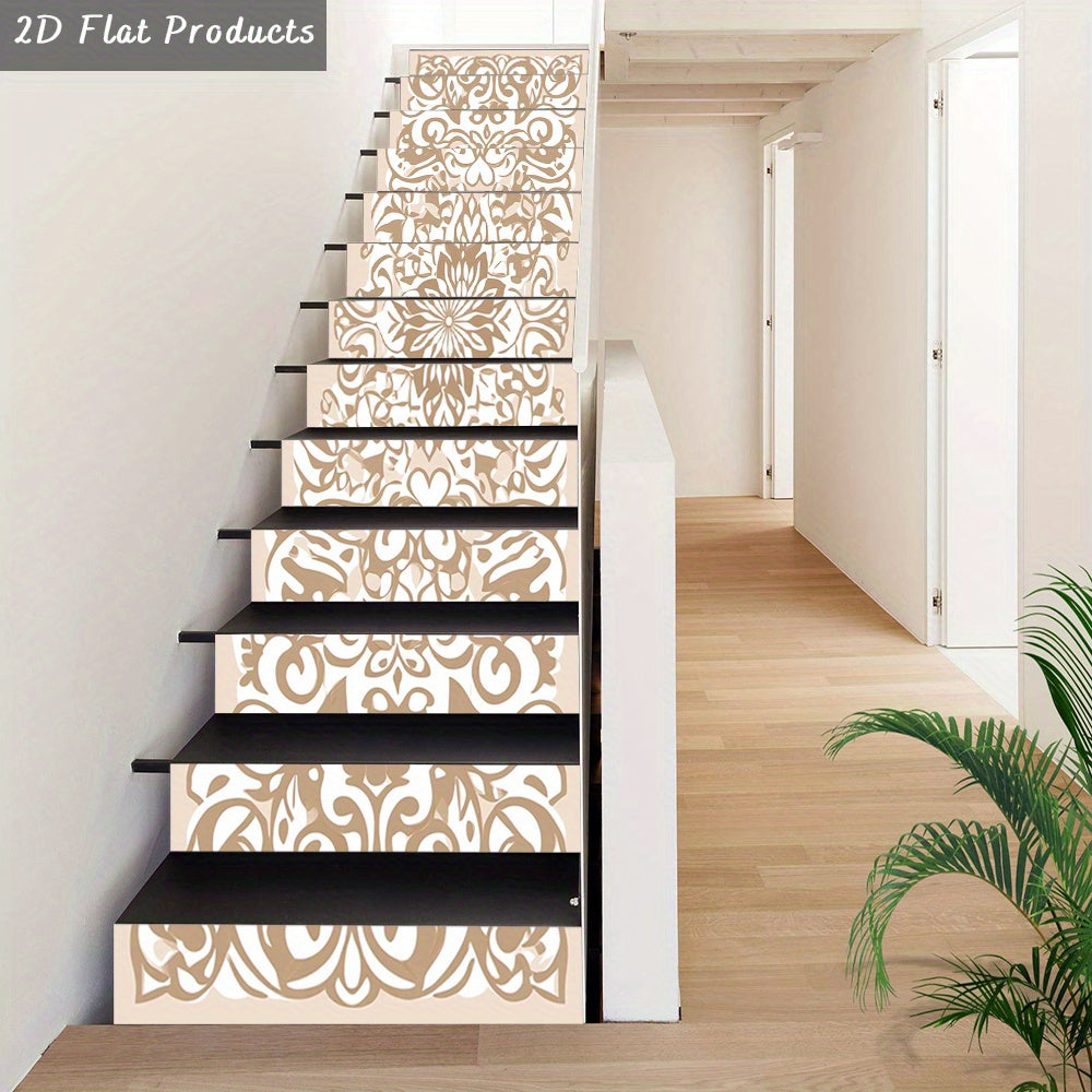 Rosaces et rinceaux beige et taupe sur treize contremarches