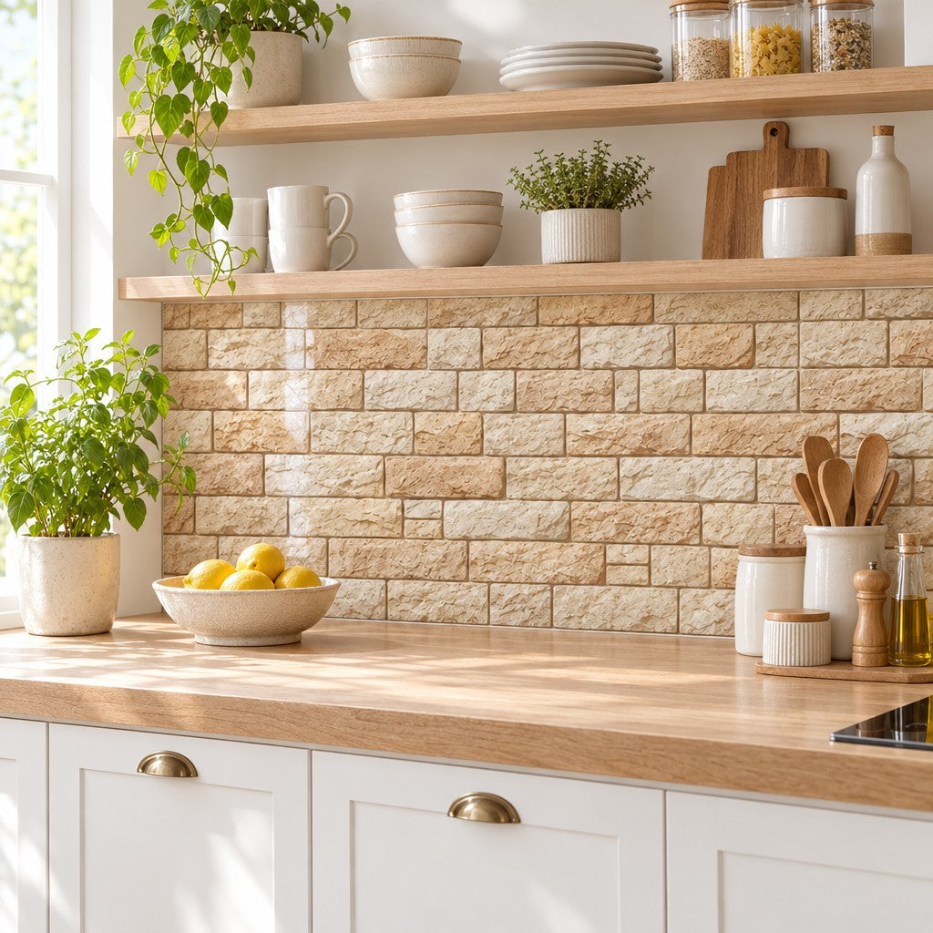Crédence de cuisine habillée de stickers adhésifs effet mur en pierre beige et sable