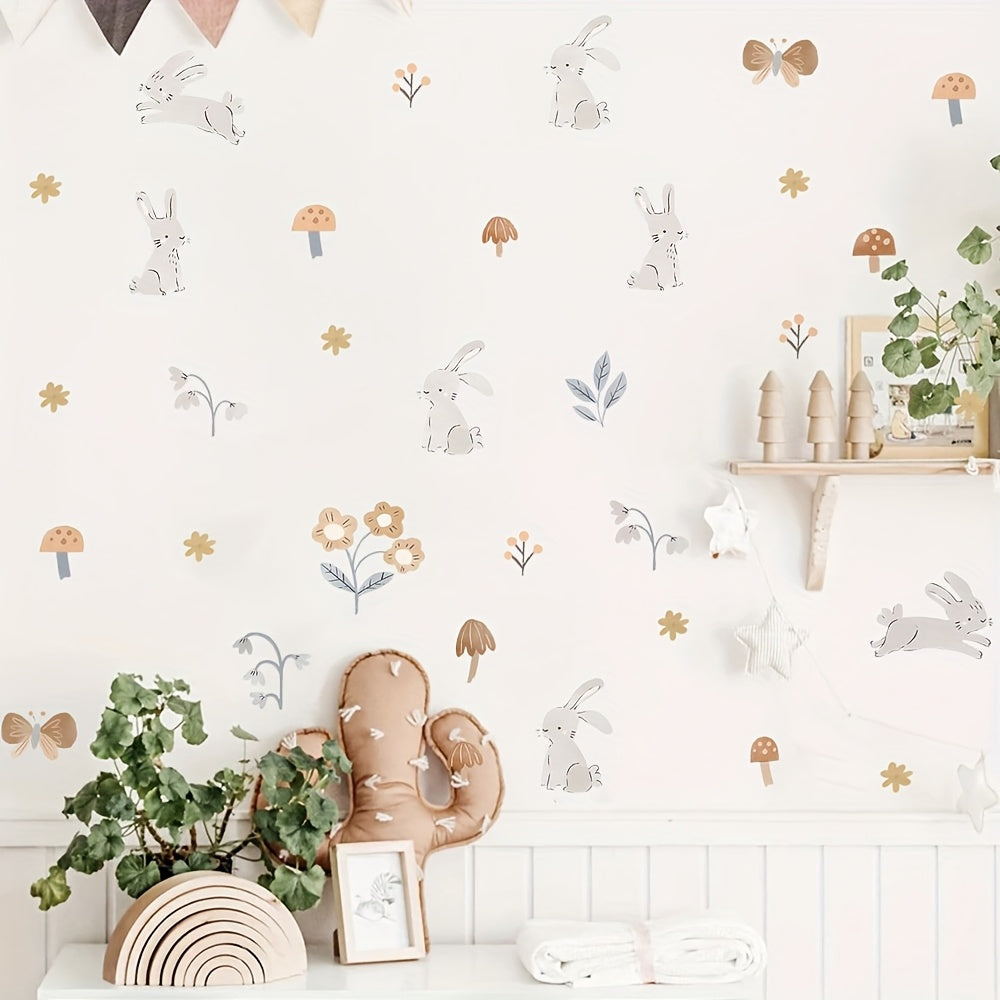 Stickers muraux lapins et fleurs, décor de chambre d'enfant