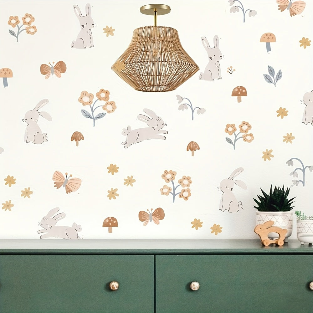 Stickers muraux lapins et fleurs, décor de chambre d'enfant