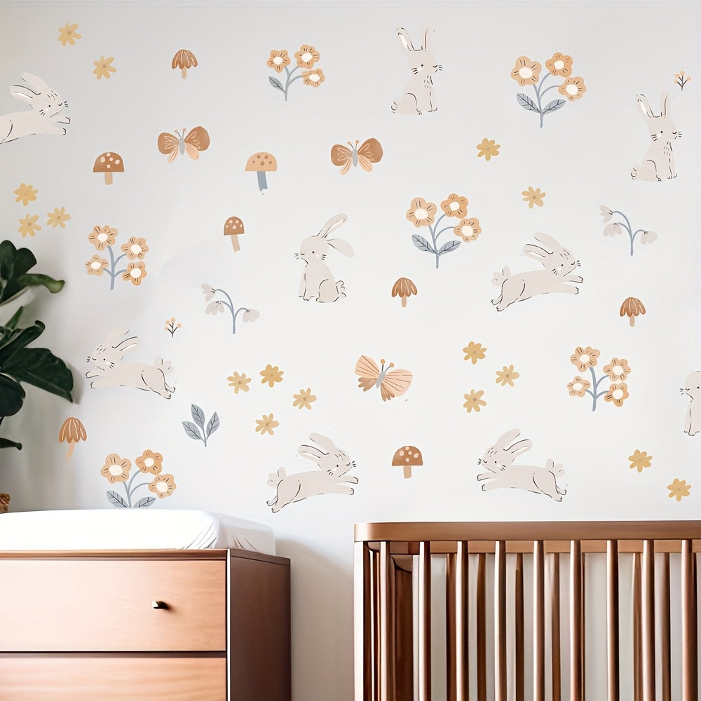 Stickers muraux lapins et fleurs, décor de chambre d'enfant