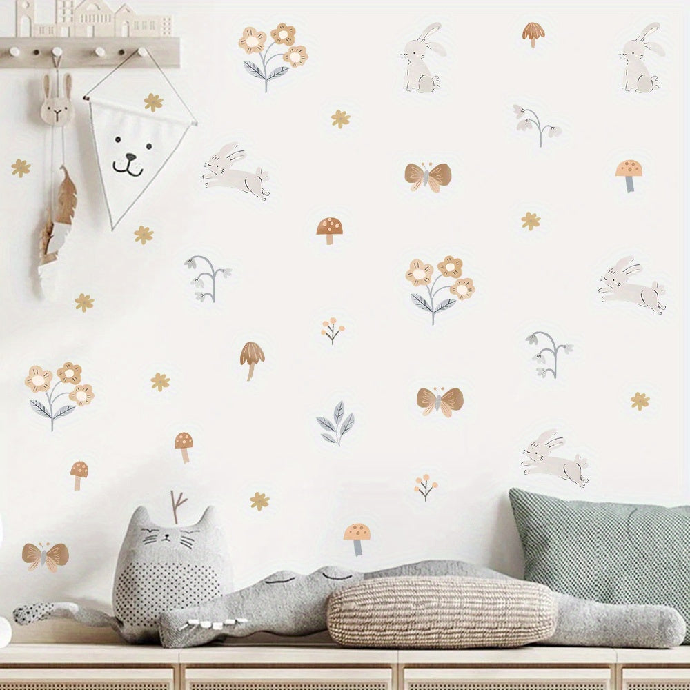 Stickers muraux lapins et fleurs, décor de chambre d'enfant