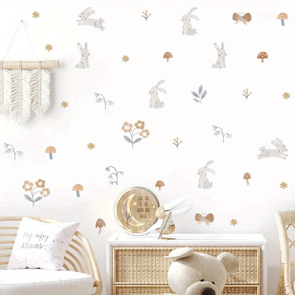 Stickers muraux lapins et fleurs, décor de chambre d'enfant