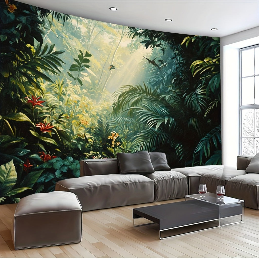 Grande tapisserie murale jungle monstera et hibiscus rouges