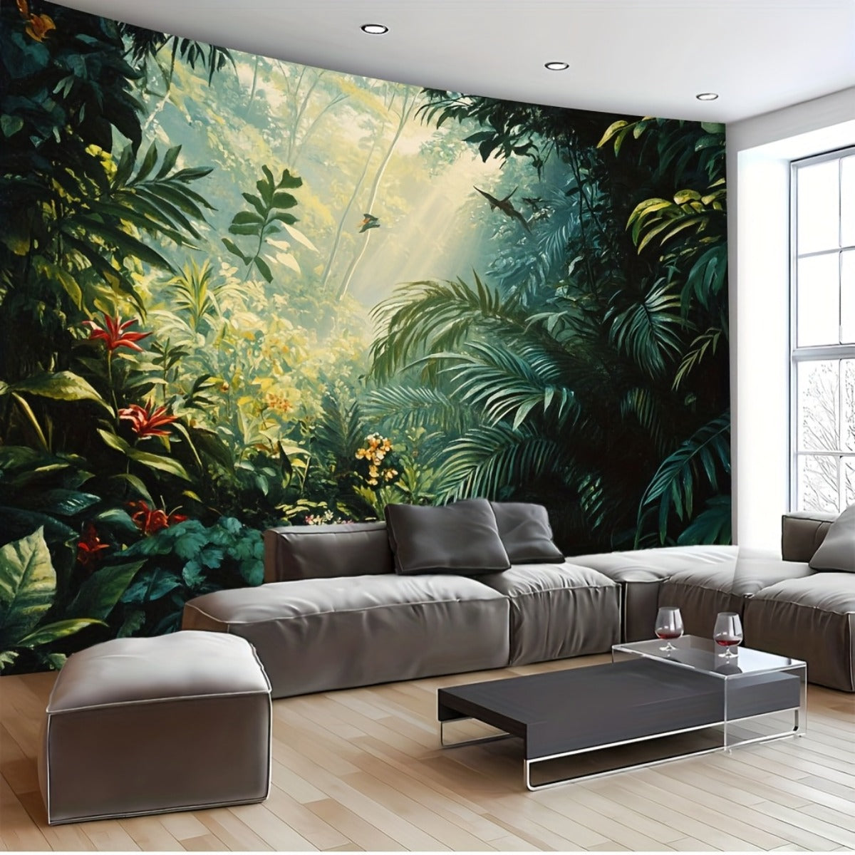 Grande tapisserie murale jungle monstera et hibiscus rouges