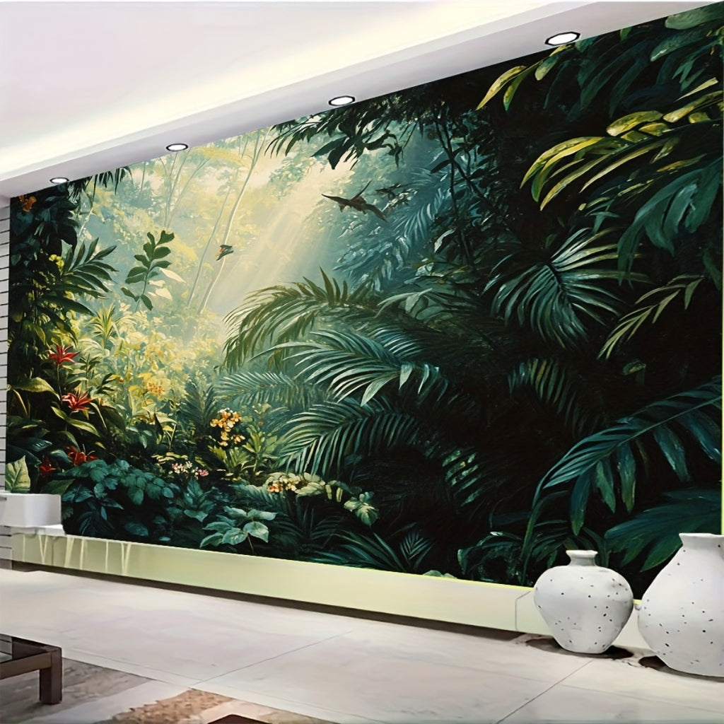 Grande tapisserie murale jungle monstera et hibiscus rouges