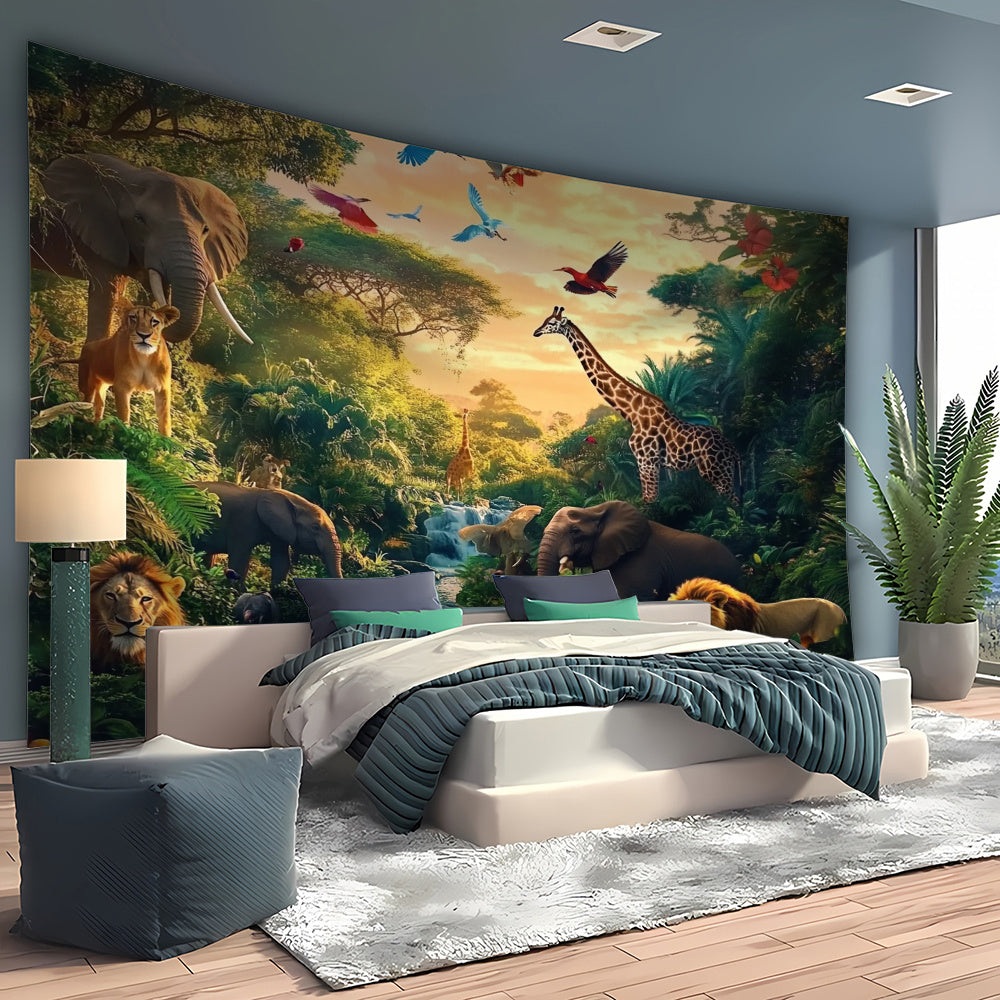 Tenture murale jungle et animaux, coucher de soleil doré