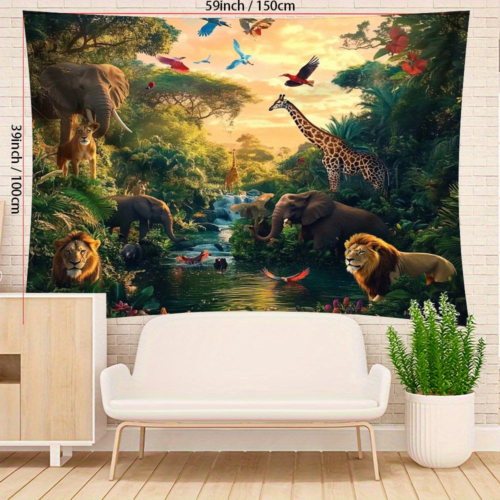 Tenture murale jungle et animaux, coucher de soleil doré