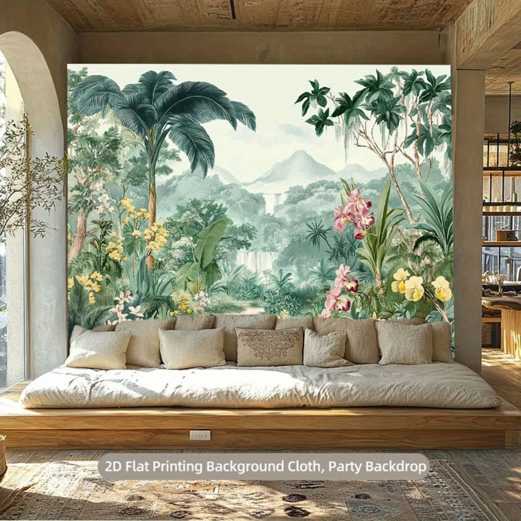 Toile de fond tropicale gravée, palmiers et orchidées roses