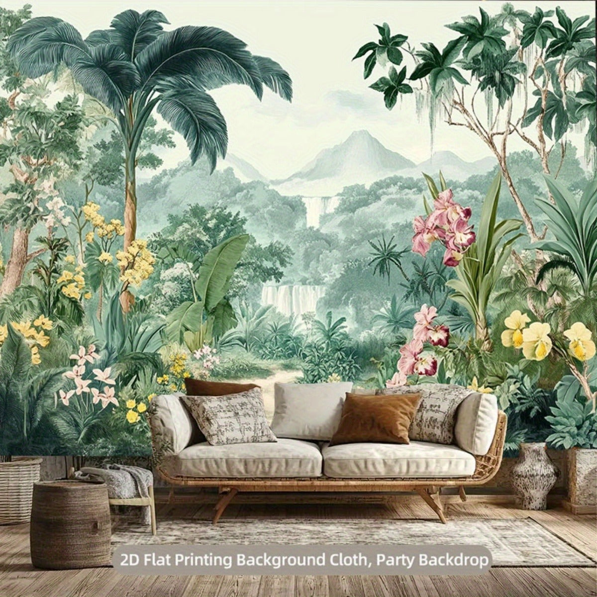 Toile de fond tropicale gravée, palmiers et orchidées roses