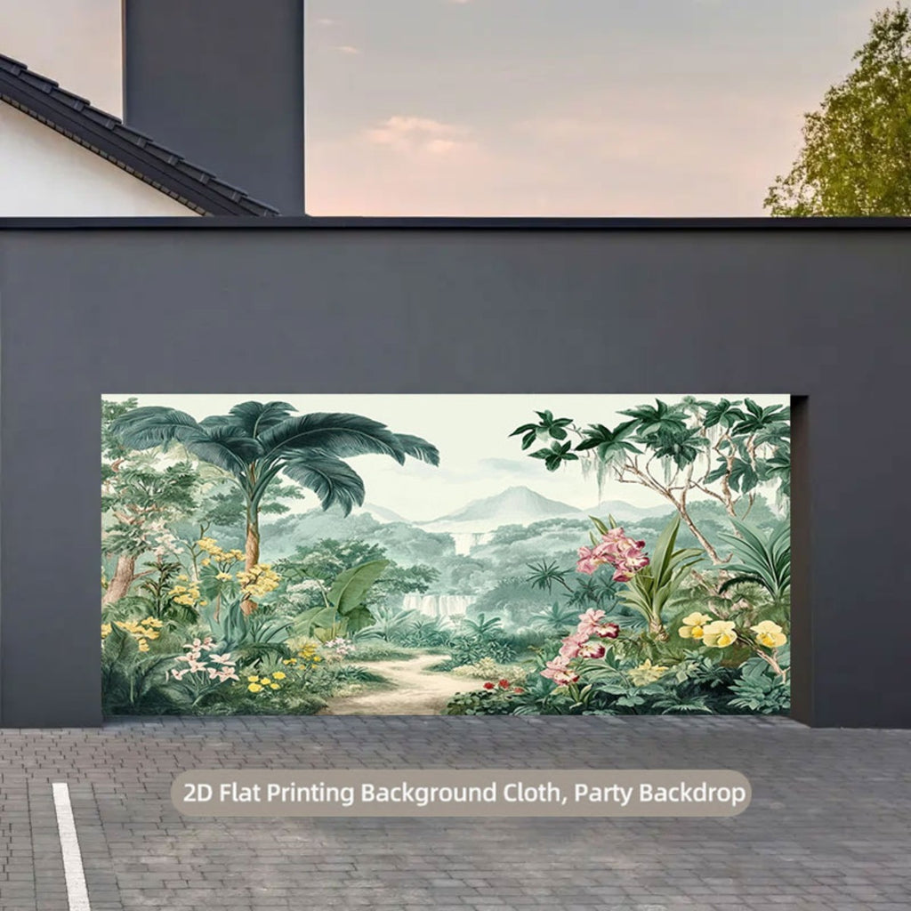 Toile de fond tropicale gravée, palmiers et orchidées roses