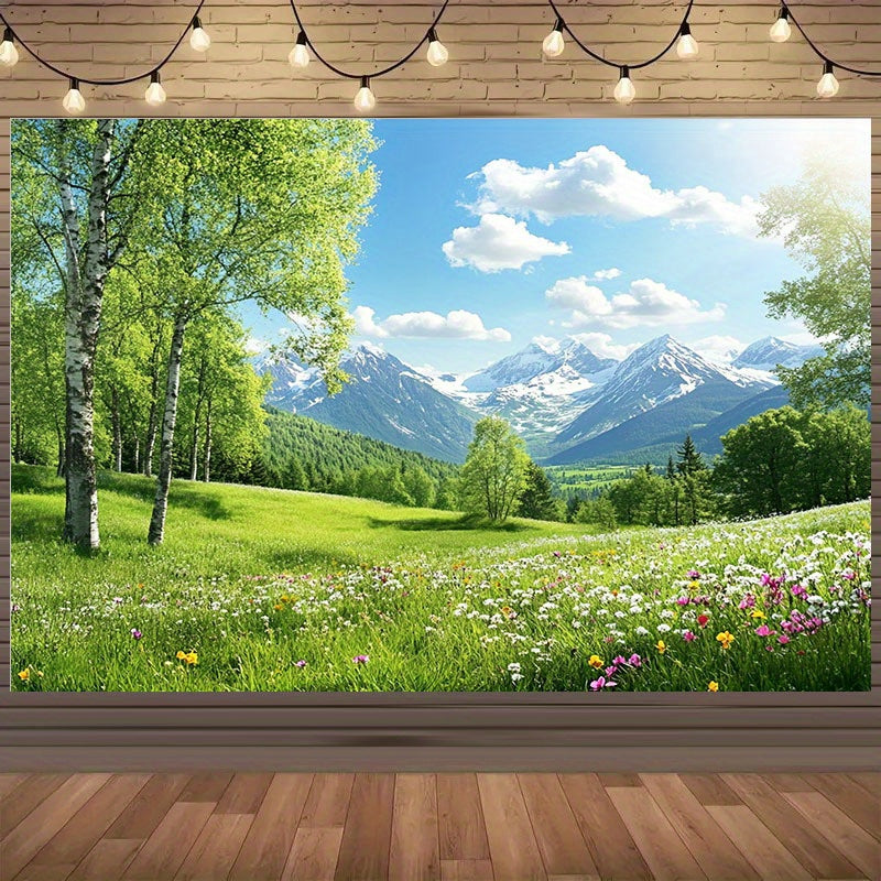 Toile murale champ de marguerites et cimes neigeuses, 300 cm