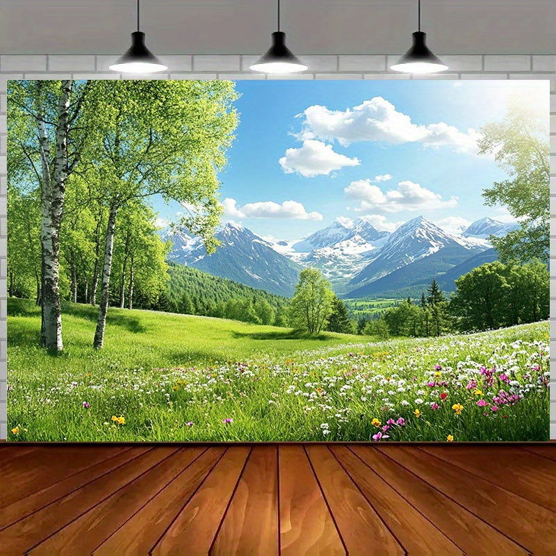 Toile murale champ de marguerites et cimes neigeuses, 300 cm