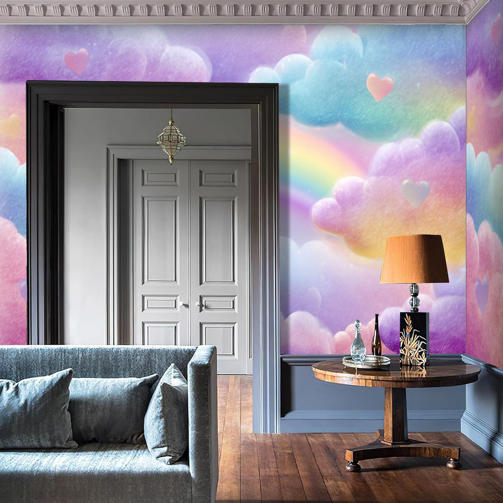 Toile murale ciel arc-en-ciel et nuages pastel à tendre